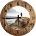 Large Wood Wall Clock 24 Inch Round Nature Wall Art Ocean Cliffside Grey Sky Round Small Battery Operated