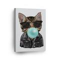 Smile Art Design Portrait of Cat with Jacket and Sunglasses Chewing Teal Blue Bubble Gum Canvas Wall Art Print Pet Cat Lover Gift Animal Living Room Bedroom Kids Baby Nursery Room Decor - 28x19