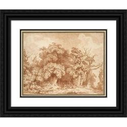 Jean-HonorÃ© Fragonard 14x12 Black Ornate Wood Framed Double Matted Museum Art Print Titled: A Gathering at Wood s Edge (ca. 1770-73)