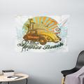 Cars Tapestry Summer Inspired Drawing with Retro Car Palm Trees Sunset Beach and Sun Rays Wall Hanging for Bedroom Living Room Dorm Decor 60W X 40L Inches Amber Orange Aqua by Ambesonne