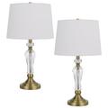 25 Inch Modern Table Lamp Hardback Fabric Shade Glass Body Antique Brass- Saltoro Sherpi