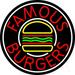 Famous Burgers Circle LED Neon Sign 18 x 18 - inches Clear Edge Cut Acrylic Backing with Dimmer - Bright and Premium built indoor LED Neon Sign for restaurant window and interior decor.