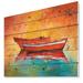 Designart Red Boats over Golden Sunset Nautical Painting Print on Natural Pine Wood
