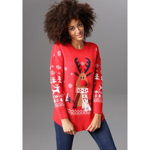 Weihnachtspullover ANISTON CASUAL Gr. 40, rot (rot-weiß-marine-hellbraun-braun) Damen Pullover mit Bommel-Nase und Fransenschal Bestseller