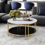 Nesia Modern Accent White Marble Gold Coffee Table Round Sofa Cocktail Double Layer Storage Table Brass Legs - 36''D x 17.5" H