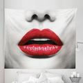 Women Tapestry Close up Picture of Red Lipstick Model Lips Fashion Art Macro Photography Fabric Wall Hanging Decor for Bedroom Living Room Dorm 5 Sizes Ruby and Pale Grey by Ambesonne