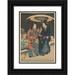 Utagawa Kunisada (Toyokuni III) 14x18 Black Ornate Wood Framed Double Matted Museum Art Print Titled - Snow Scene; Woman in Blue Man in Red and Blue Under Black and White Umbrella (19