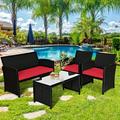 Gymax 4PCS Rattan Outdoor Conversation Set Patio Furniture Set w/ Red Cushions