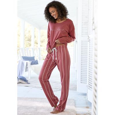 Pyjama VIVANCE DREAMS, Damen, Gr. 44/46, rot (rot, gestreift), Single Jersey, Obermaterial: 100% Baumwolle, gestreift, unifarben, Basic, bequem lang, Rundhals, Langarm, Homewear-Sets, mit Frontdruck Image