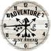 Wood Wall Clock 12 Inch Camping Wall Art Adventure Just Ahead Camping Woods Anchor Stars Boating Hunting Round Small Battery Operated White