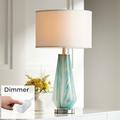 Possini Euro Design Modern Table Lamp with Dimmer 26 High Blue Gray Art Glass White Fabric Drum Shade for Bedroom Living Room