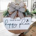 This is Our Happy Place Sign Porch Decor Wood Wall Signs Hanging Rustic Lake Cabin Welcome Art Door Decorations My House Our Sweet Home Garden Farmhouse