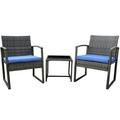 Zeno 3-Piece Rattan Bistro Furniture Set -Two Sturdy Chairs With Glass Outdoor Garden Coffee Table- Dark Blue