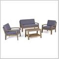 Noble House Cascada Outdoor 4 Piece Acacia Wood Chat Set with Cushions and Angled Coffee Table Grey Dark Grey