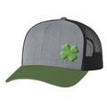 Men s Lucky Clover Shamrock Off-Center Embroidered Golf Mesh Back Trucker Hat Heather Grey/Green/Charcoal/Green Clover