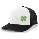 Men s Lucky Clover Shamrock Off-Center Embroidered Golf Mesh Back Trucker Hat White/Black/Black/Green Clover