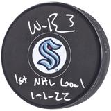 Will Borgen Seattle Kraken Autographed Hockey Puck with "1st NHL Goal 1-1-22" Inscription