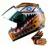 WOW Youth Motorcycle Full Face Helmet Street Bike BMX MX Kids B15 Shark Orange + MX Skeleton Glove Bundle