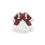 AMILIEe Kid Baby Girl Christmas Princess Dress 3/4 Sleeve Round Neck Plaid Print Ruffle Lace High Waist Dress
