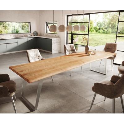 DELIFE Esstisch Edge 300x100cm Akazie Natur Edelstahl Silber schräg Live-Edge, Esstische, Baumkantenmöbel, Massivholzmöbel, Massivholz Image
