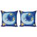 Moon Throw Pillow Cushion Cover Pack of 2 Vibrant Happy Dancing Stars and Sleepy Celestial Body Facial Expressions Zippered Double-Side Digital Print 4 Sizes Royal Blue Vermilion by Ambesonne