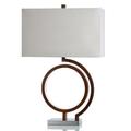 Askel - Fauxwood Mid Century Modern Design Table Lamp With Metal Base - Brown & Silver Finish - Sand & Creamy Tan Shade - LED