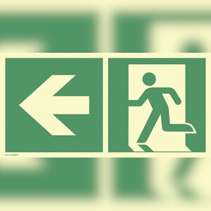 Notausgang links Pfeil links, Kombi, ISO 7010, Alu, nachl., 160-mcd, 594x297 mm Image