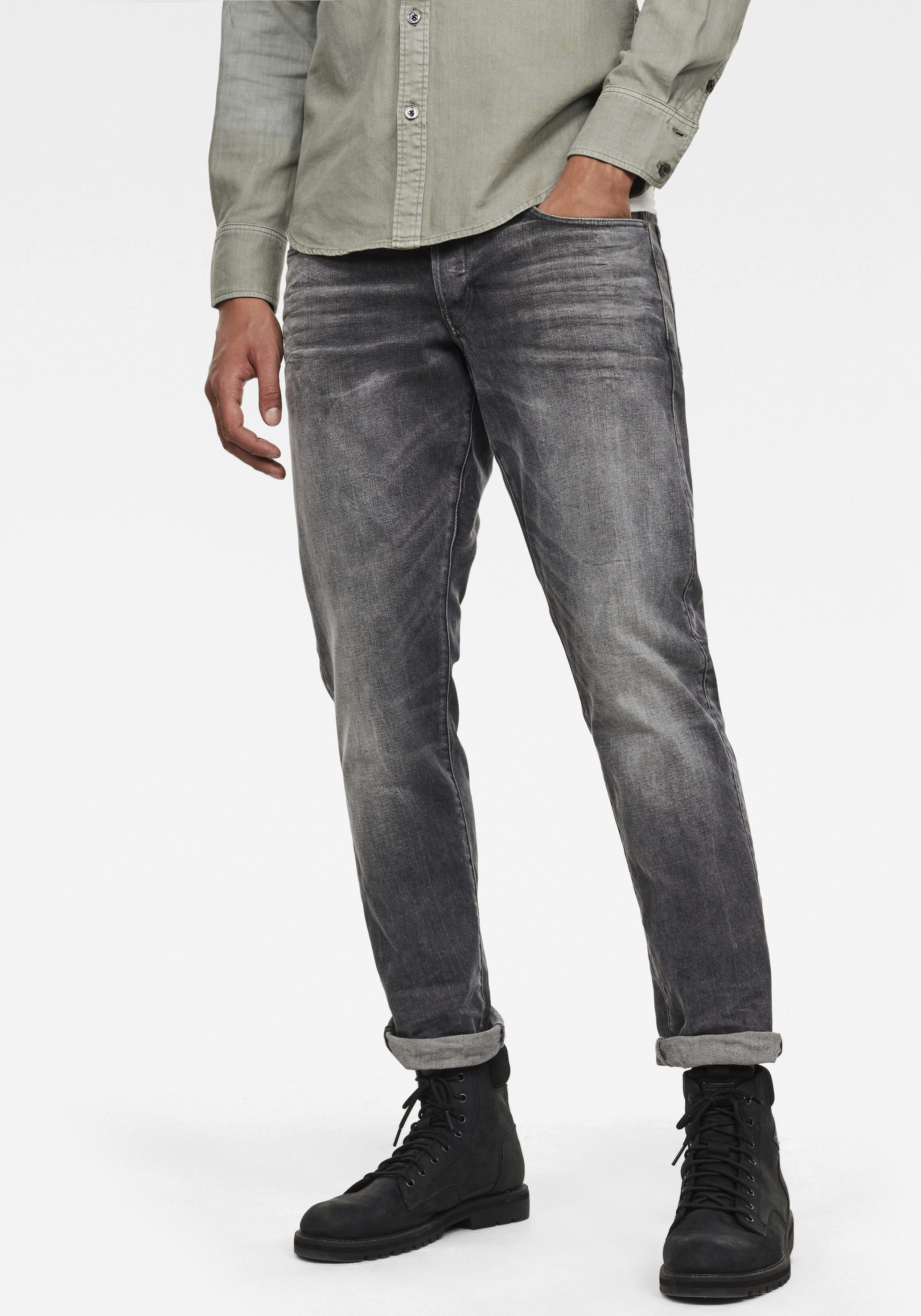 Regular-fit-Jeans G-STAR "3301 Straight Tapered", Herren, Gr. 30, Länge 32, grau (grau, used), Denim/Jeans, Obermaterial: 99% Baumwolle, 1% Elasthan, normal normal, Jeans