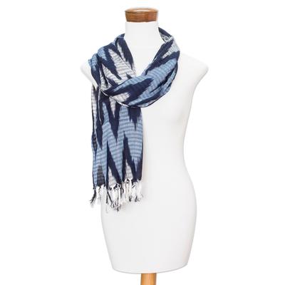 The Ocean,'Hand-Woven White and Blue Rayon Scarf with Zigzag Pattern'
