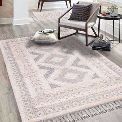 Hochflor-Teppich CARPET CITY "Valencia 730", beige (creme, graublau), B:120cm H:20mm L:170cm, Polypropylen, Teppiche, Fransenteppich, Läufer, Boho-Stil, 3D-Effekt, Relief, Hoch-Tief-Struktur, mit Fransen Image