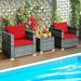 Gymax 3PCS Rattan Patio Conversation Furniture Set Outdoor Yard w/ Red Cushion