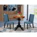 East West Furniture 3 Piece Dining Room Table Set- a Round Dining Table and 2 Blue Linen Fabric Parson Chairs,Black & Cherry
