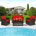 Costway 4 PCS Patio Rattan Furniture Set Glass Table Shelf Sofa Cushion Red