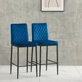 Topcobe Set of 2 Modern Bar Height Bar Stools 2 Pcs Velvet Diamond Grid Pattern Bar Chairs with Back & Metal Legs Blue