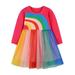 Gwiyeopda Kid Girl Casual Mesh Dress Long Sleeve Patchwork Rainbow Print High Waist Party Dress