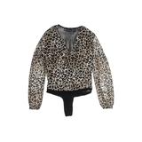 New York & Company Bodysuit: Plunge Covered Shoulder Brown Animal Print Tops - Women's Size X-Small - Print Wash