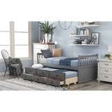 Twin Size Pine Wood Platform Bed Panel Daybed with 1 Handy Pull-out Trundle and 3 Storage Drawers for Living Room Bedroom