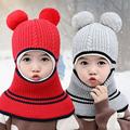 rygai Baby Winter Double Pompom Warm Hat Knitted Cap One Piece Earmuff Neck Gaiter Navy Blue