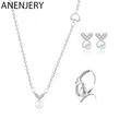 ANENJERY – collier + boucles d'oreilles + bague en forme de cœur en perle douce de couleur argent