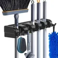 BIMZUC Mop Broom Holder Wall Mount Plastic Broom Organizer Wall Mount Organizations and Storage with Hooks Heavy Duty Garden Kitchen Tool Organizer for Home Cleaning Supplies (5 Positions & Black)