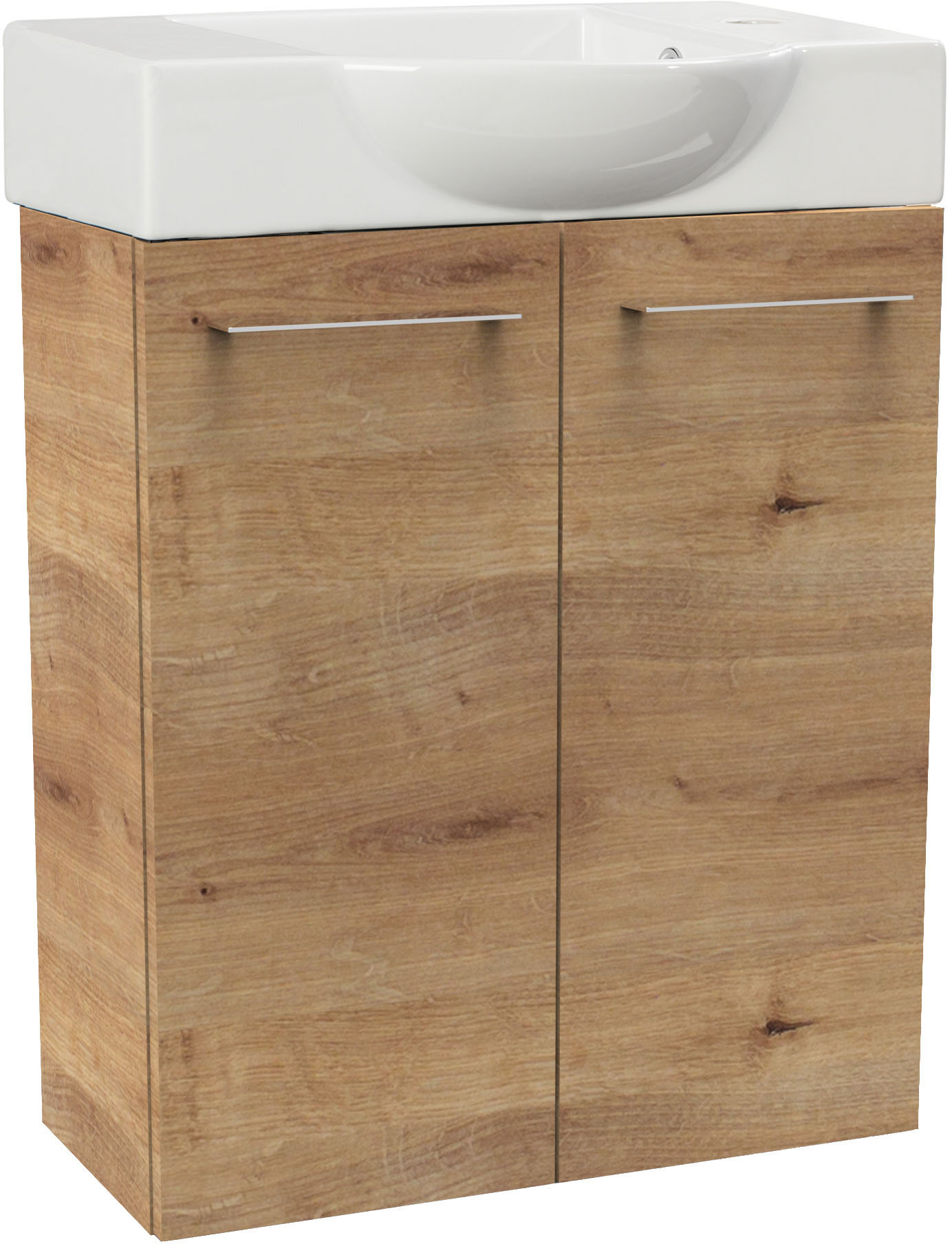 Waschtisch FACKELMANN "SBC", braun (braun, braun, ast, eiche optik), B:54,5cm H:70,5cm T:31,7cm, Holzwerkstoff, Keramik, Waschtische, Waschtisch, bestehend aus Becken und Unterbau, Breite ca. 55 cm