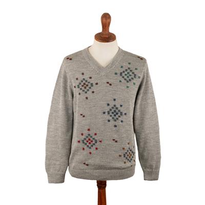 '100% Alpaca Hand-Embroidered Men's Pullover Sweater in Grey'