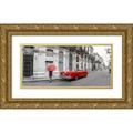 Frank Assaf 24x13 Gold Ornate Wood Framed with Double Matting Museum Art Print Titled - Woman with red umbrella by a vintage car on the street of Havana-Cuba