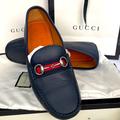 Gucci Shoes | Nib Authentic Gucci Unisex Leather Moccasin Driver Loafers W/ Web Details | Color: Blue | Size: 7.5