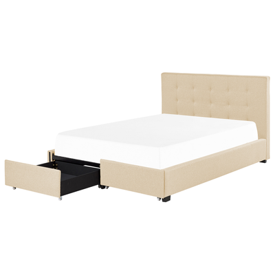 Polsterbett Beige Leinenoptik 160 x 200 cm mit Bettkasten Stauraum Modern Elegant Glamourös Gepolstertes Bett für Schlaf