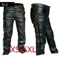 Jeans à lacets latéraux en cuir optique noir pour hommes style long pantalon de moto fjLeather