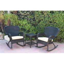 W00214-2-RCES006 Windsor Black Wicker Rocker Chair & End Table Set with Tan Cushion