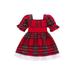 Inevnen Baby Girls Dresses Square Neck Puff Sleeve Lace Decor Bowknot Plaid Dresses