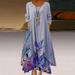 Womens Cotton Linen Button Dress Vintage Retro Crewneck 3/4 Sleeve Maxi Dress Loose Layered Irregular Hem Dress