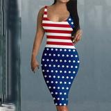 Bodycon Dresses for Women Sexy Stars and Stripes Print Sleeveless Party Tight Dress Summer Round Neck Bodycon Dress